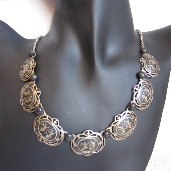 SALE SIAM Silver Statement Necklace, etched Sterling from Old Thailand, Pre-1939