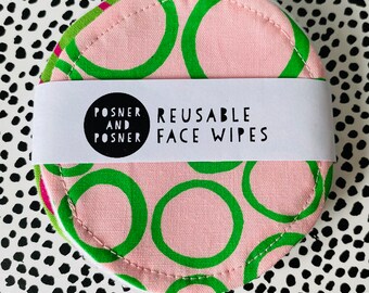 Reusable Make Up Wipes / Washable Face Wipes / Handprinted Pack of 5 / Posner / Bright Colours