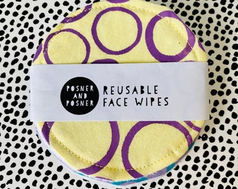 Reusable Make Up Wipes / Washable Face Wipes / Handprinted Pack of 5 / Posner / Bright Colours