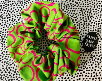 Hair Scrunchie / Bright Green and Pink / Cotton Fabric / Hair Accessory / Posner / Handprinted