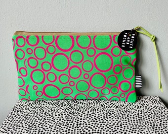 Pencil Case / Hand Screen Printed / Bright Green and Pink / Scandi Style / Posner