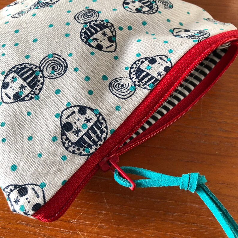 Grey Canvas with Turquoise Dots Face Print Handprinted Zip Pouch Bag Purse