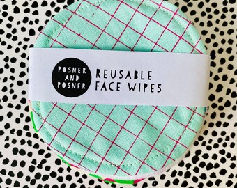 Reusable Make Up Wipes / Washable Face Wipes / Handprinted Pack of 5 / Posner / Bright Colours