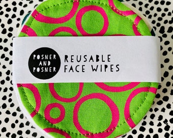 Reusable Make Up Wipes / Washable Face Wipes / Handprinted Pack of 5 / Posner / Bright Colours