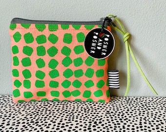 Handprinted Zip Coin Card Purse / Green and Pink / Scandi / Posner / Cotton Canvas