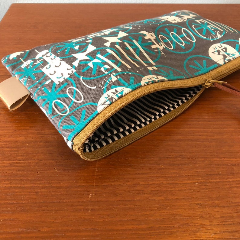 Turquoise and Light Grey on Grey Canvas Handprinted Zip Pouch Pencil case Bag Purse
