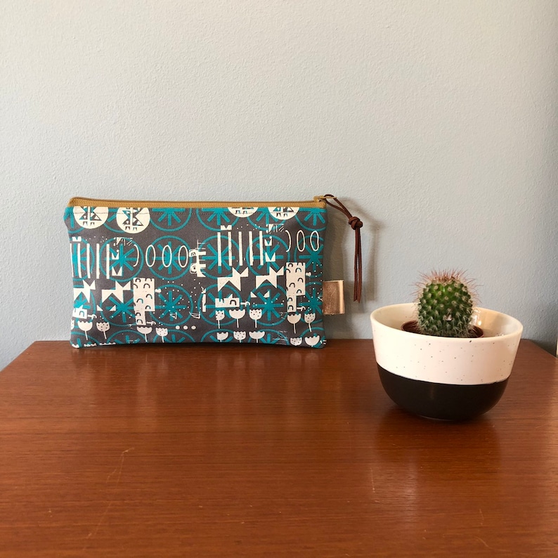 Turquoise and Light Grey on Grey Canvas Handprinted Zip Pouch Pencil case Bag Purse