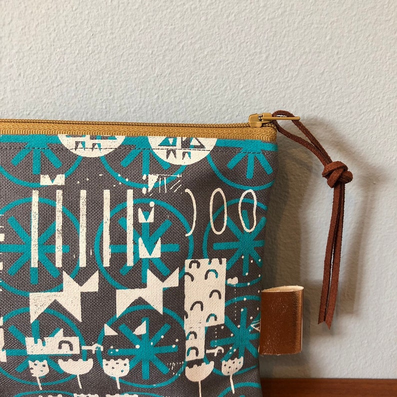 Turquoise and Light Grey on Grey Canvas Handprinted Zip Pouch Pencil case Bag Purse