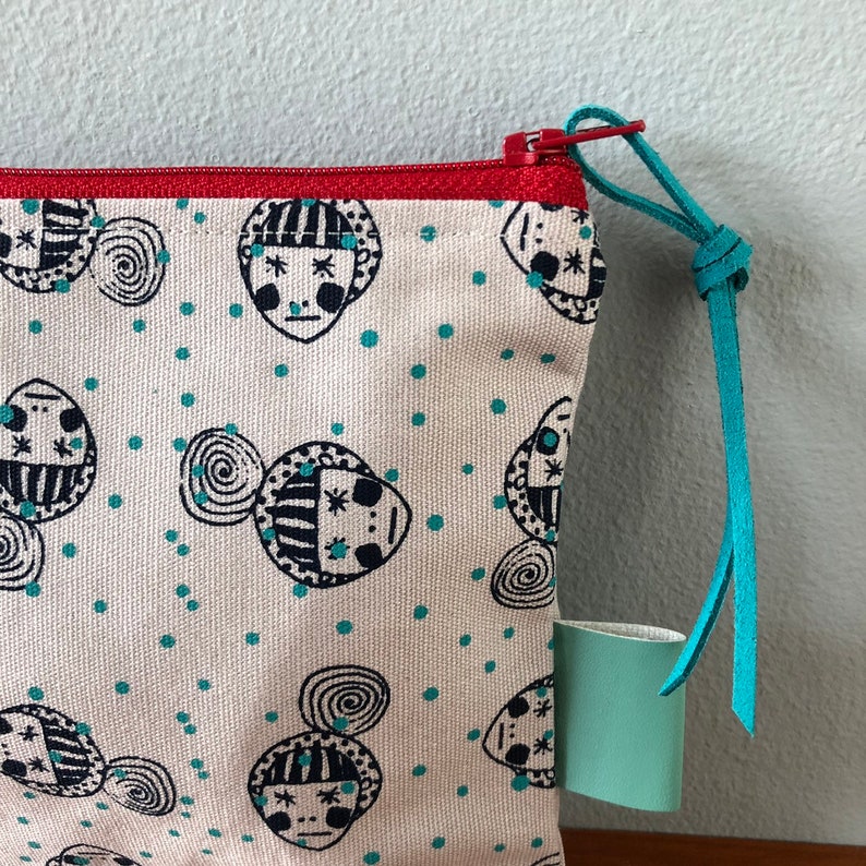 Grey Canvas with Turquoise Dots Face Print Handprinted Zip Pouch Bag Purse