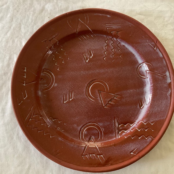 Redware Studio Pottery Plate Platter Southwest Iconography Artist Signed