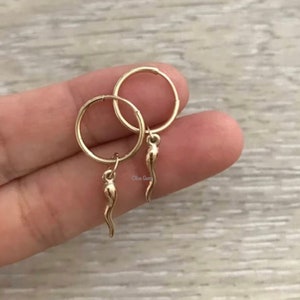 14k Gold Hoops with Italian Cornicello Horn Drops, Tiny Gold Hoops with Charms, Cartilage Hoops