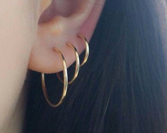 14k Gold Hoops, 9mm Hoops, Tiny Gold Hoops, Cartilage Earring, Nose Ring, Solid 14k Gold Hoops