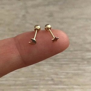 14k Gold Tiny Crescent Moon & Star Straight Barbell Stud Earring, Cartilage Stud Earring, 14k Gold Screw Back Stud Earring, Gift for Her