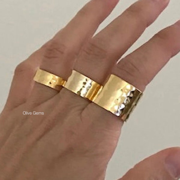 Wide Cigar Band Ring, Hammered Gold Band Rings, Gold Stacking Rings, Statement Ring, Hammered Ring, Made in USA