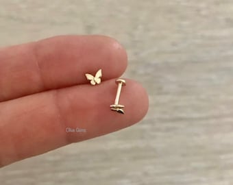 14k Gold Internally Threaded Stud Earring, 4mm Butterfly Stud Earring, 14k Cartilage Stud Earring, Helix, Body Piercing, 1 pc, Gift for Her