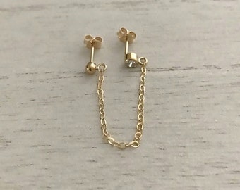 14k GF Cartilage Chain CZ Earring, Double Chain Earring, Gold Earring Cuff