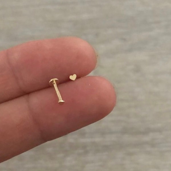 14k Gold Internally Threaded Stud Earring, 2mm Tiny Heart Stud Earring, 14k Cartilage Stud Earring, Helix, Body Piercing, Gift for Him