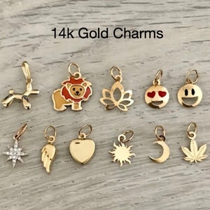 14k Gold Charms, Real Gold Necklace with Charm, Lotus, Crescent Moon, Emoji, Real Gold Charms, Real Diamond Charms