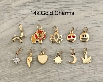 14k Gold Charms, Real Gold Necklace with Charm, Lotus, Crescent Moon, Emoji, Real Gold Charms, Real Diamond Charms