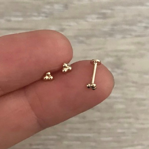 14k Gold Internally Threaded Stud Earring, 3mm Tiny Triangle Ball Stud Earring, 14k Cartilage Stud Earring, Helix, Tragus, Body Piercing