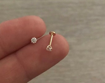 14k Gold Internally Threaded Stud Earring, 2mm, 2.5mm Tiny CZ Stud Earring, Helix, Tragus, Cartilage Stud Earring, Body Piercing