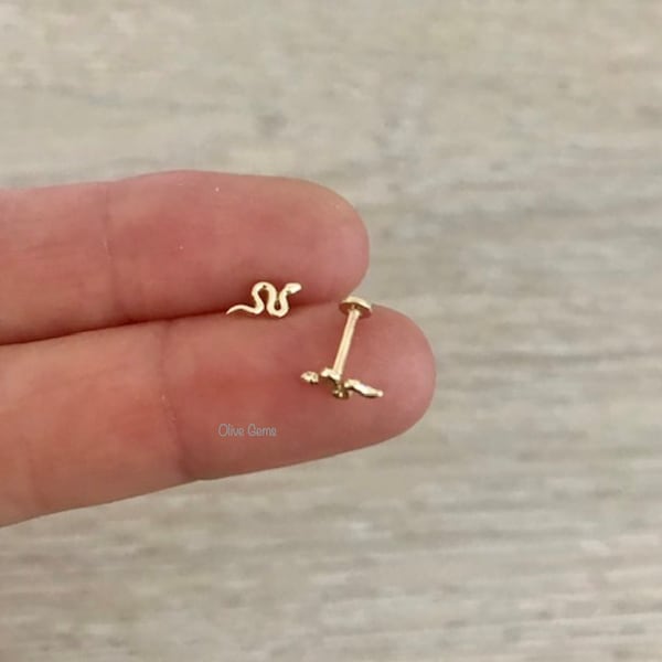 14k Gold Internally Threaded Stud Earring, 7mm Snake Stud Earring, 14k Cartilage Stud Earring, Helix, Body Piercing, 1 pc, Gift for Her