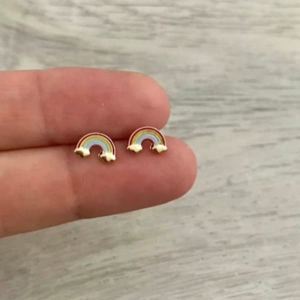 14k Gold Rainbow Stud Earring, Enamel Rainbow Earring, Real Gold Stud Earring, Gift for Her