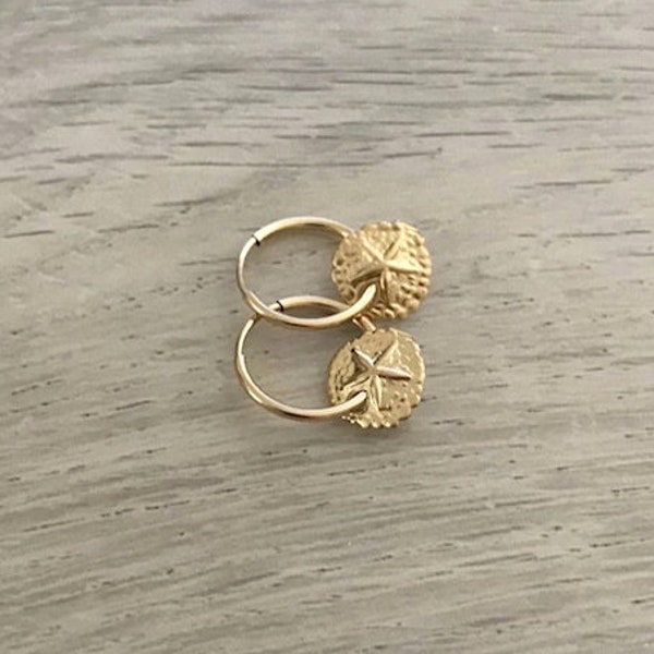 14k Gold Tiny Hoop Earring with Sand Dollar Charm, Gold Filled Cartilage Hoops, Simple Everyday Earring, Bridesmaid gift