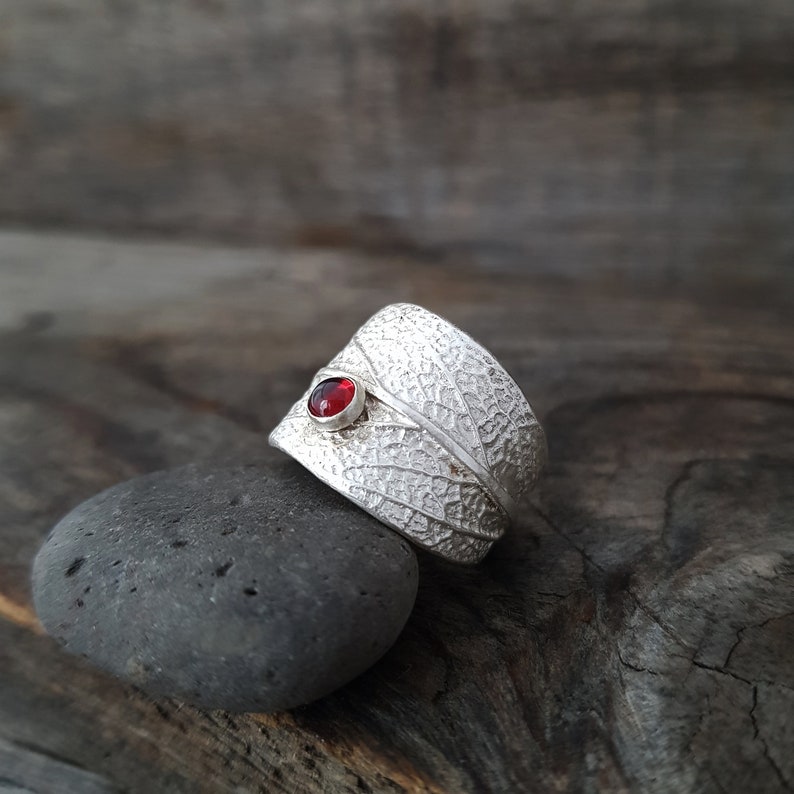 Garnet Ring Silver Wide Sterling Silver Ring Birthday Gift for Her Sage Leaf Ring Silver Ring with Stone Sterling Silver Ring for Women