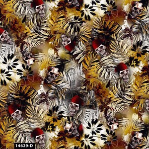 Conversational Foliage and Fallen Pirates Design 100% Cotton Quilting Fabric 1 Yard-(Black, Red, Ocher and Charcoal)Style CQ-14