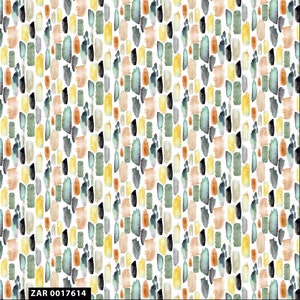 May include: A seamless pattern featuring abstract shapes in shades of green, blue, yellow, orange, and grey. The shapes are painted in a watercolour style and are arranged in a random pattern.