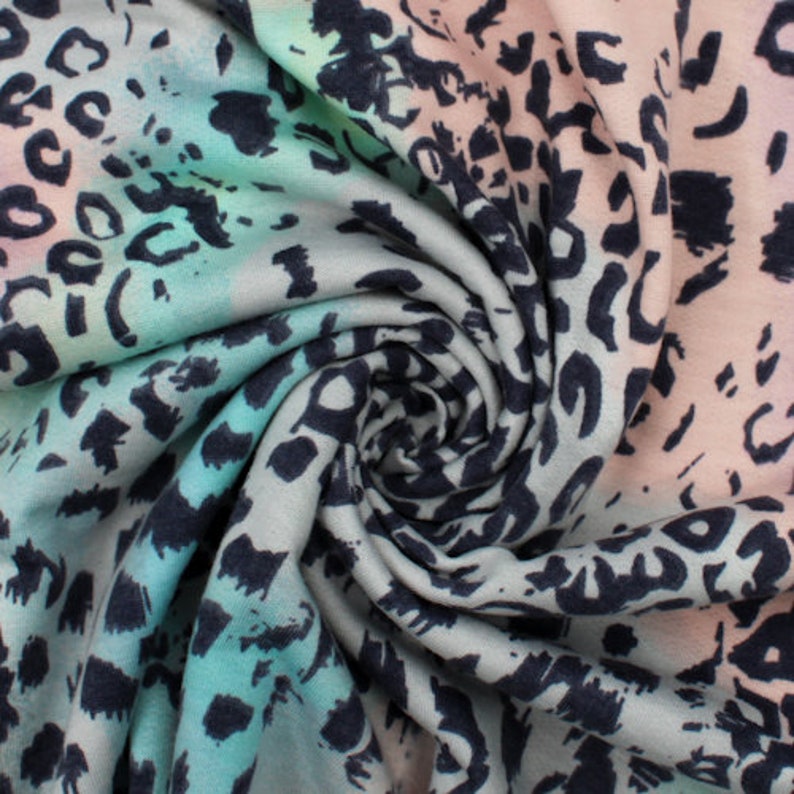 Style P-2465-506 Camel Baby Blue Leopard Skin Pattern Printed French Terry Spandex Fabric by the Yard