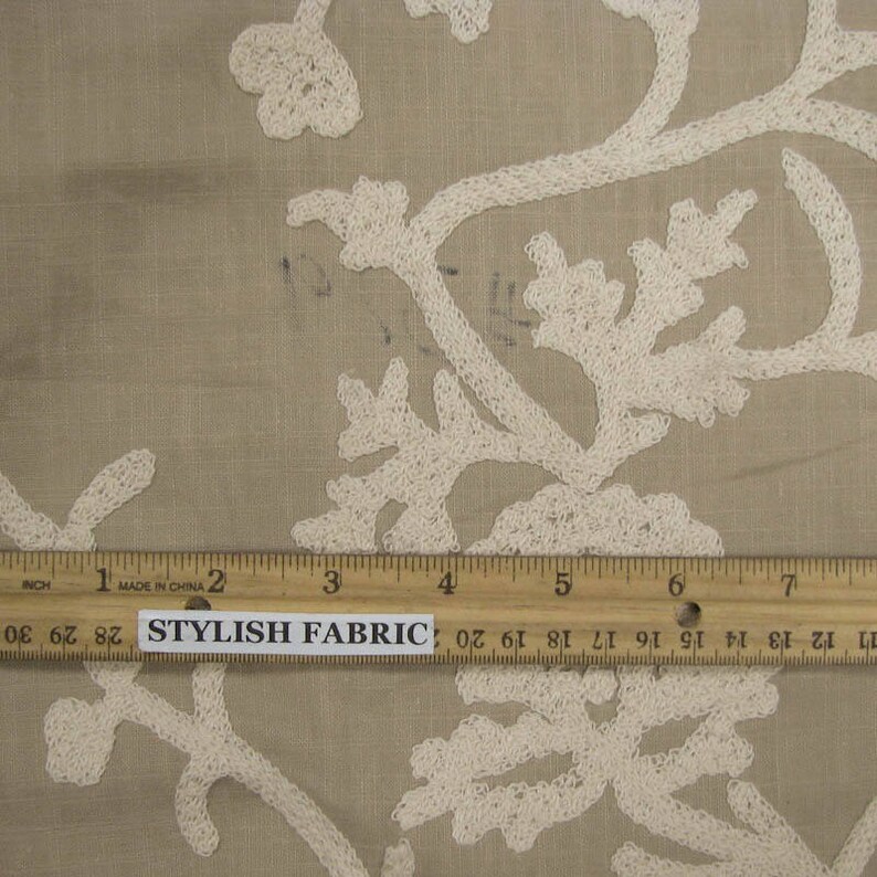 Taupe Ivory Snowflake Drapery Pattern on Linen Cotton Canvas Fabric by the Yard Style 3445