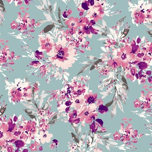 May include: A floral pattern featuring watercolor-style flowers in shades of pink and purple, set against a light teal background. The design includes detailed leaves and blossoms, creating a soft, artistic look.