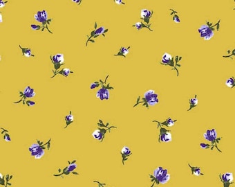 Golden Yellow Purple Ditsy Floral Pattern Imprimé sur Laine Dobby Tissu par yard Style P-1407-504