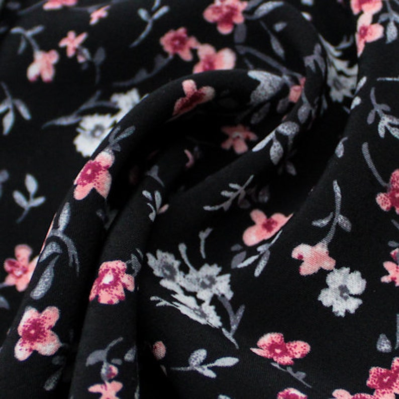 Black with Peach Blossom Ditsy Floral Pattern Printed Poly Moroccan Fabric by the Yard Style P-2584-754