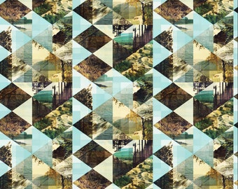 Geometrical Landscape Design 100% Cotton Quilting Fabric by the Yard - (Cream, Mint, Brown, Ocher and Green) Style CQ-101