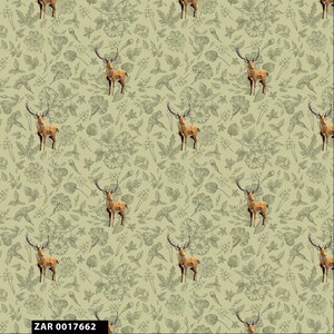 May include: A seamless pattern featuring a light green background with a repeating design of brown deer and stylised floral elements in black and white.