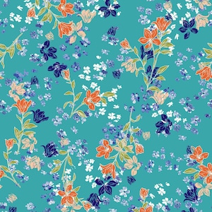 Turquoise Orange Floral Pattern Printed on Hi-Multi Chiffon Washed Fabric by the Yard - Style P-17-501