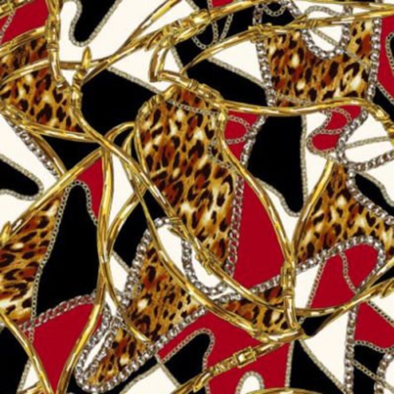 Style P-1128-504 Black Red Built with Chain and Animal Pattern Printed on Wool Dobby fabric by the Yard