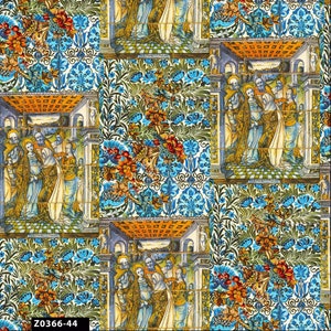 May include: A colourful tile pattern with a repeating design of a group of people in a tiled archway. The tile pattern is surrounded by a floral design with blue, green, and orange flowers.
