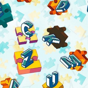 Puzzle Letters Design 100% Cotton Quilting Fabric by the Yard ( Yellow, Orange, Blue ) - Style 413