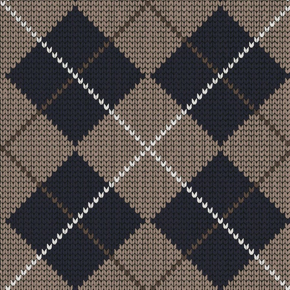 Mocha Navy Argyle Design Printed on Sweater Knit Fabric by the