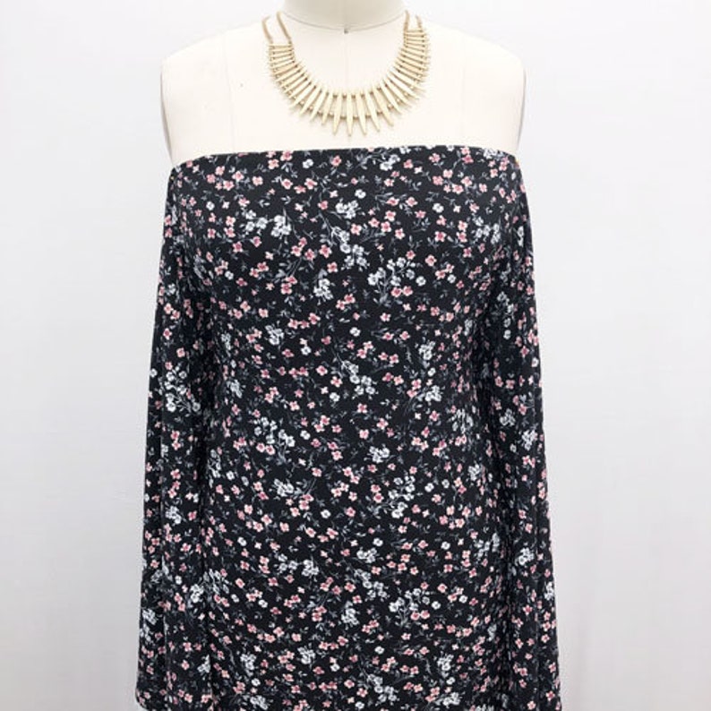 Black with Peach Blossom Ditsy Floral Pattern Printed Poly Moroccan Fabric by the Yard Style P-2584-754
