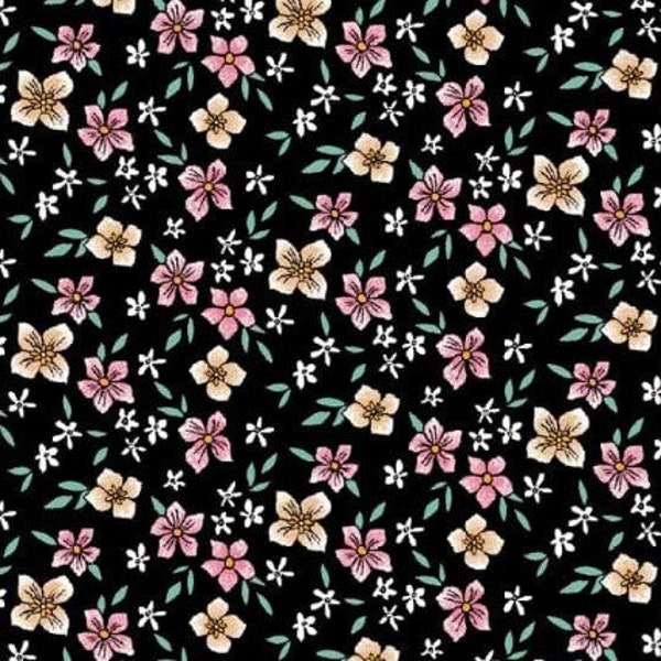 Black Pink Ditsy Floral Pattern Printed On Rayon Challis Fabric by the Yard - Style P-1695-698