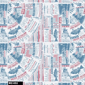 Conversational Fish Menu Quilting Fabric by the Yard - (White, Dusty Blue and Raspberry) Style CQ-63
