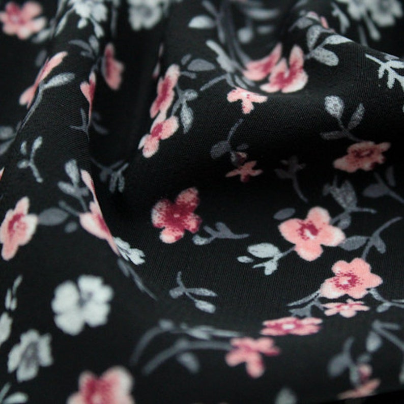 Black with Peach Blossom Ditsy Floral Pattern Printed Poly Moroccan Fabric by the Yard Style P-2584-754