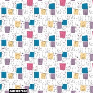 Conversational Happy Cat Illustration Pattern 100% Cotton Quilting Fabric 1 Yard-(White, Teal, Dusty Lilac and Buff)Style CQ-91