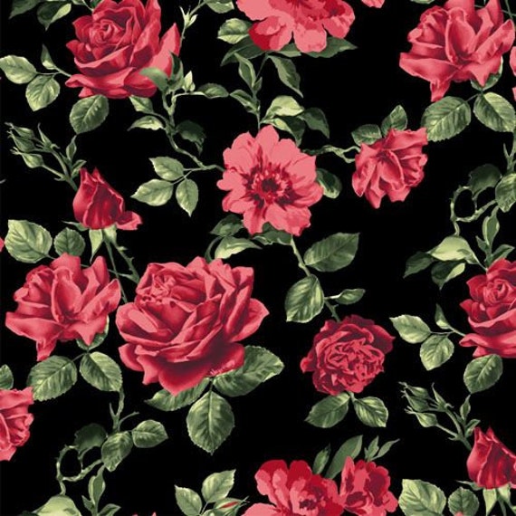 Black Red Watercolor Large Floral Pattern Printed on Wool | Etsy