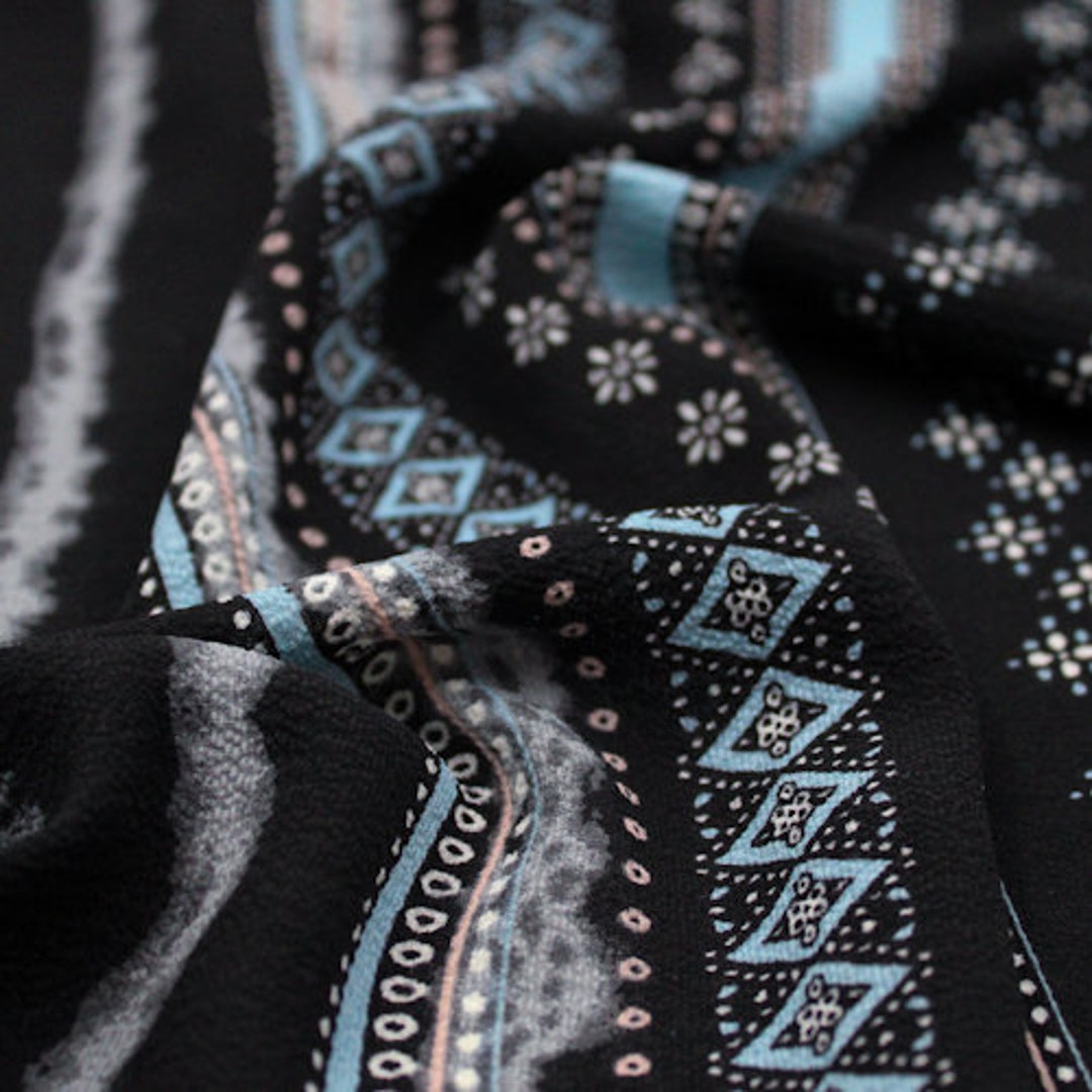 Black Light Blue Aztec Tribal Pattern Printed Bubble Crepe Etsy